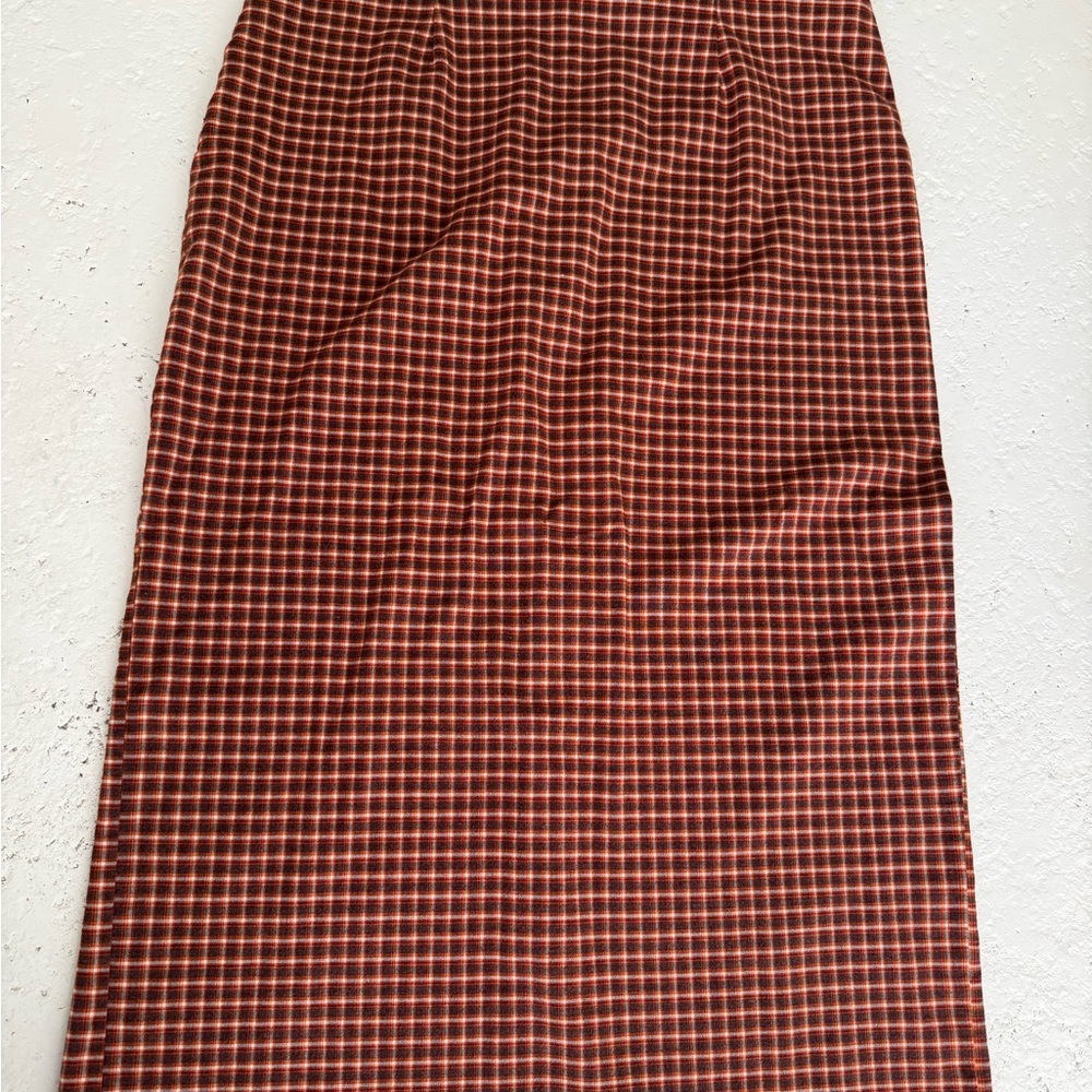 Vintage retro High-Waist Plaid Midi Skirt in Orange Brown
